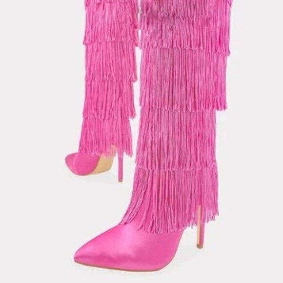 Gogo Fringed Thread Tassle OTK Thigh High Pink Satin High Heel Boots - Picture 11 of 14